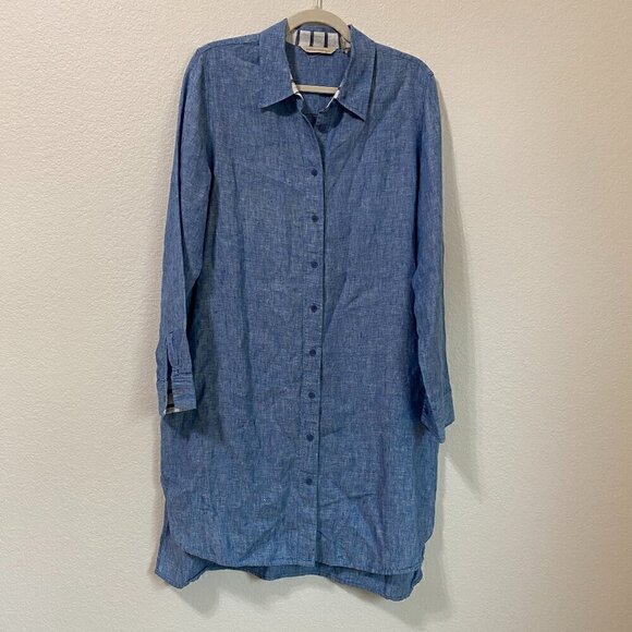 Soft Surroundings 100% Linen Blue Button Down Long Sleeve Shirt Dress Large - Picture 2 of 9